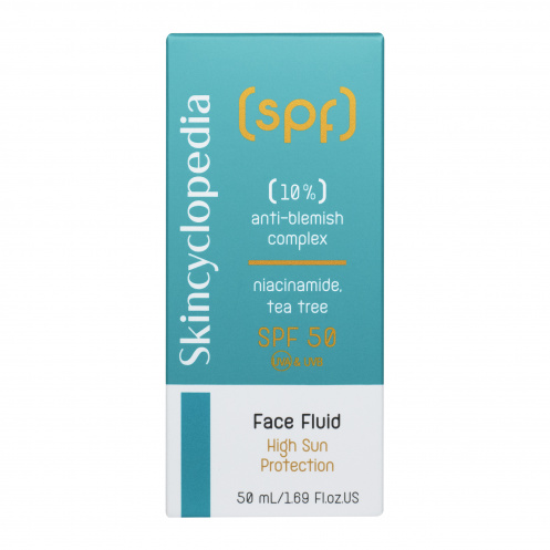 SPF 50 Sun Protection Face Fluid With 10% Anti-Blemish Complex With Niacinamide, Tea Tree, and a Mattifying Complex.